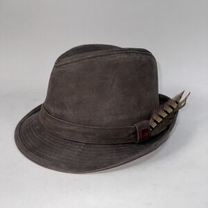 Vintage Woolrich Suede Leather Green Fedora Feather Hat Red Pin Men's M 7